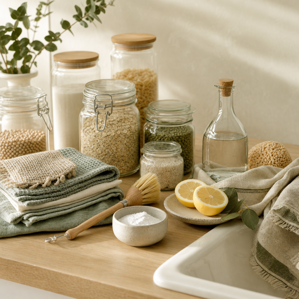 Cuisine sobre avec bocaux et accessoires zéro déchet