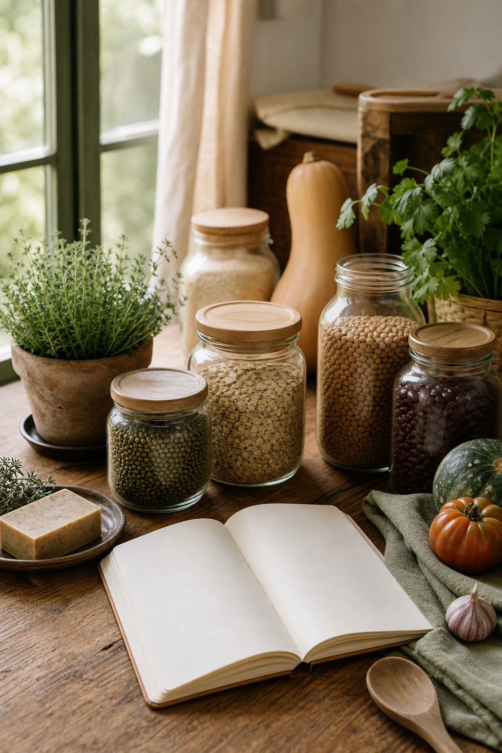 Table lumineuse avec carnet, bocaux, savon maison et herbes fraîches
